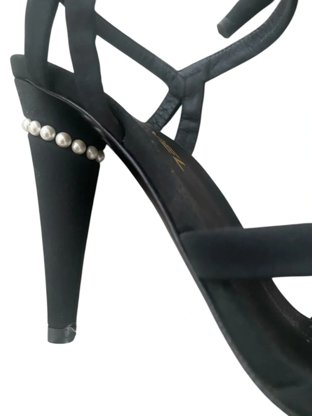 CHANEL Black Satin Strappy Heels with Pearl & Crystal Ornaments size 40